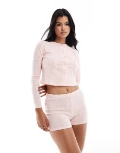 Kaiia Pointelle Long Sleeve Top And Shorts Pyjama Set In Pink
