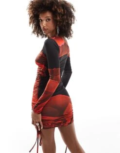 Kaiia Exclusive Slinky Off Shoulder Bodycon Mini Dress In Black Rose Print For Women -Kaiia Online Shop 207104704 4