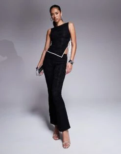 Kaiia Exclusive Lace High Neck Sleeveless Tie Side Asymmetric Hem Top And Flared Trousers Co-ord In Black 7 Kaiia Exclusive Lace High Neck Sleeveless Tie Side Asymmetric Hem Top And Flared Trousers Co-ord In Black -Kaiia Online Shop 207104712 1 black