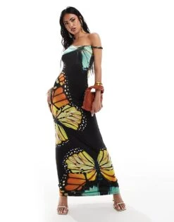 Kaiia Exclusive Slinky Twist Off Shoulder Maxi Dress In Black Butterfly Print For Women Black Print