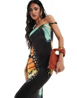 Kaiia Exclusive Slinky Twist Off Shoulder Maxi Dress In Black Butterfly Print For Women Black Print -Kaiia Online Shop 207104736 3