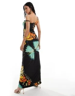 Kaiia Exclusive Slinky Twist Off Shoulder Maxi Dress In Black Butterfly Print For Women Black Print -Kaiia Online Shop 207104736 4