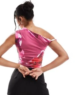 Kaiia Exclusive Slinky Twist Off Shoulder Top In Pink Flower Print For Women -Kaiia Online Shop 207104752 4