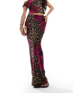 Kaiia Exclusive Mesh Column Maxi Skirt Co-ord In Pink Flower And Leopard Print For Women Leopard Floral -Kaiia Online Shop 207104760 5