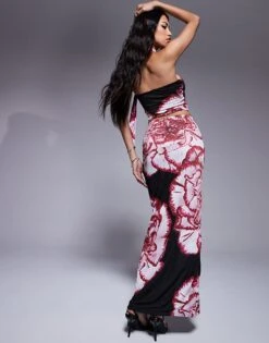 Kaiia Exclusive Slinky Scarf Detail Bandeau Top And Midaxi Skirt Co-ord In Black Flower Print