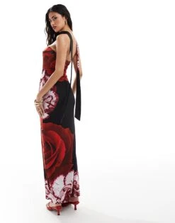 Kaiia Exclusive Slinky Scarf Detail Bandeau Maxi Dress In Black And Red Rose Print For Women Multi -Kaiia Online Shop 207104784 3