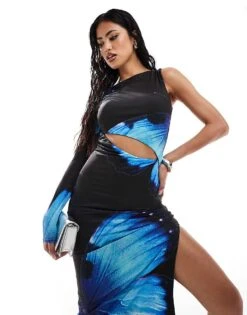 Kaiia Exclusive Slinky One Shoulder Cut Out Maxi Dress In Blue Butterfly Print For Women Black Print -Kaiia Online Shop 207104808 1 blackprint 1