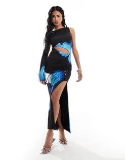 Kaiia Exclusive Slinky One Shoulder Cut Out Maxi Dress In Blue Butterfly Print For Women Black Print -Kaiia Online Shop 207104808 3