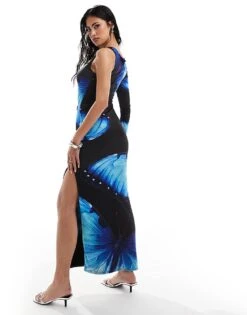 Kaiia Exclusive Slinky One Shoulder Cut Out Maxi Dress In Blue Butterfly Print For Women Black Print -Kaiia Online Shop 207104808 4