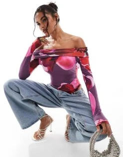 Kaiia Exclusive Slinky Bardot Open Back Long Sleeve Body In Dark Purple Print For Women