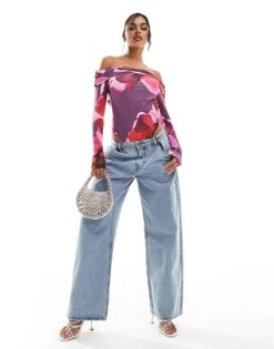 Kaiia Exclusive Slinky Bardot Open Back Long Sleeve Body In Dark Purple Print For Women -Kaiia Online Shop 207104817 3