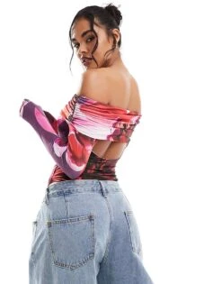 Kaiia Exclusive Slinky Bardot Open Back Long Sleeve Body In Dark Purple Print For Women -Kaiia Online Shop 207104817 4