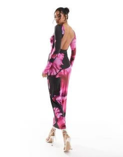 Kaiia Exclusive Slinky Long Sleeve Low Back Bodycon Maxi Dress In Pink Flower Print For Women Black -Kaiia Online Shop 207104825 1 black 1