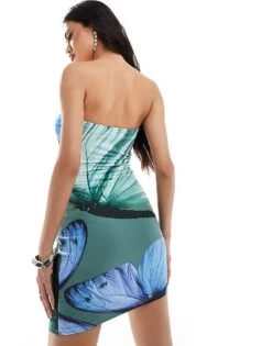 Kaiia Exclusive Slinky Bandeau Mini Dress In Green Butterfly Print For Women Green Print -Kaiia Online Shop 207110459 4
