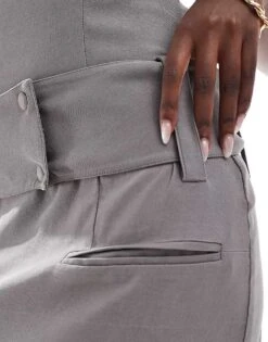 Kaiia High Neck Bengaline Sleeveless Belt Detail Mini Dress In Grey For Women Stone -Kaiia Online Shop 207118547 2