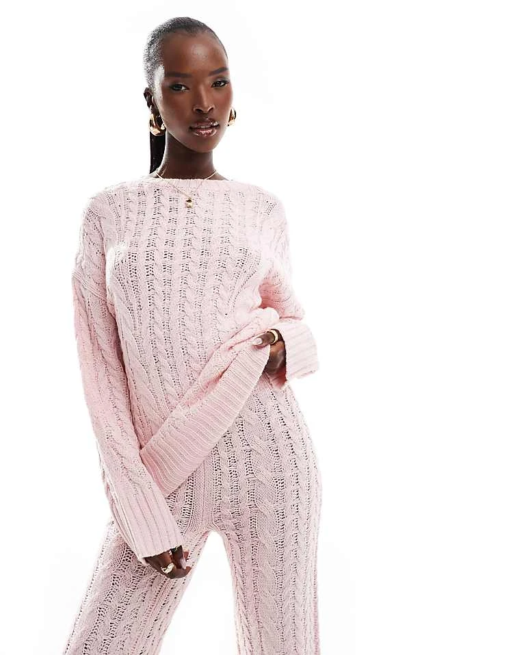 Kaiia Cable Knit Longline Oversized Jumper And Flared Trousers Co-ord In Pink 6 Kaiia Cable Knit Longline Oversized Jumper And Flared Trousers Co-ord In Pink - Image 4