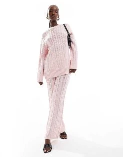 Kaiia Cable Knit Longline Oversized Jumper And Flared Trousers Co-ord In Pink