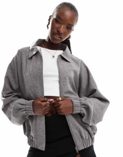 Kaiia Pocket Detail Oversized Tailored Bomber Jacket In Grey For Women