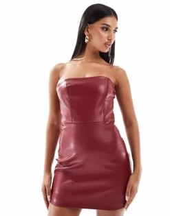 Kaiia Bandeau Leather Look Mini Dress In Burgundy For Women
