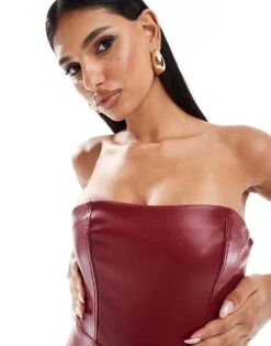 Kaiia Bandeau Leather Look Mini Dress In Burgundy For Women -Kaiia Online Shop 207118629 3