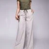 Kaiia Drawstring Contrast Waistband Wide Leg Trousers In Stone For Women Stone / Khaki -Kaiia Online Shop 207118639 1 stonekhaki