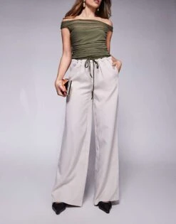 Kaiia Drawstring Contrast Waistband Wide Leg Trousers In Stone For Women Stone / Khaki