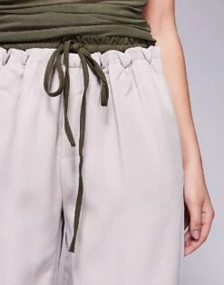 Kaiia Drawstring Contrast Waistband Wide Leg Trousers In Stone For Women Stone / Khaki -Kaiia Online Shop 207118639 3