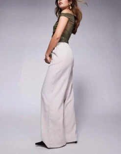 Kaiia Drawstring Contrast Waistband Wide Leg Trousers In Stone For Women Stone / Khaki -Kaiia Online Shop 207118639 4