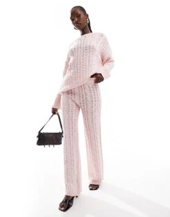 Kaiia Cable Knit Longline Oversized Jumper And Trousers Co-ord In Pink -Kaiia Online Shop 207118670 1 pink 1