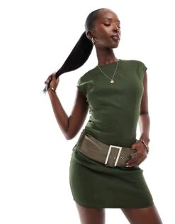 Kaiia Bengaline High Neck Oversized Belt Detail Mini Dress In Khaki For Women