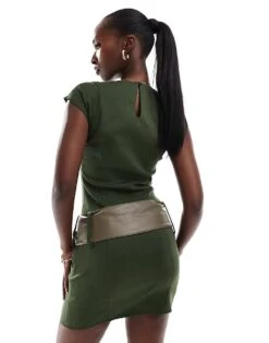 Kaiia Bengaline High Neck Oversized Belt Detail Mini Dress In Khaki For Women -Kaiia Online Shop 207118701 3