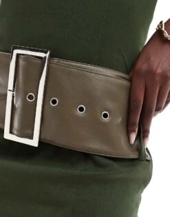 Kaiia Bengaline High Neck Oversized Belt Detail Mini Dress In Khaki For Women -Kaiia Online Shop 207118701 4