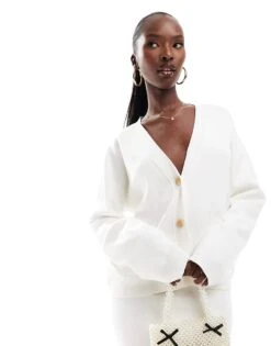 Kaiia Pocket Detail V Neck Cardigan Co-ord In Ecru For Women -Kaiia Online Shop 207118724 1 ecru 1