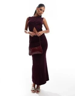 Kaiia Fine Knit Button Through Longline Waistcoat And Maxi Skirt Co-ord In Burgundy