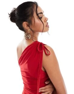 Kaiia Exclusive Slinky One Shoulder Drawstring Detail Bodycon Maxi Dress In Red For Women -Kaiia Online Shop 207154505 2