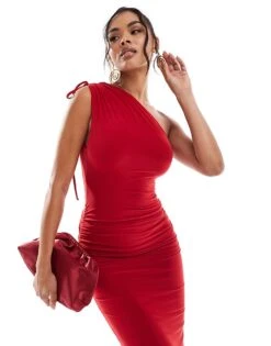 Kaiia Exclusive Slinky One Shoulder Drawstring Detail Bodycon Maxi Dress In Red For Women -Kaiia Online Shop 207154505 4