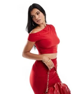 Kaiia Exclusive Slinky Ruched Off Shoulder Drawstring Top And Maxi Skirt Co-ord In Red -Kaiia Online Shop 207154515 1 red