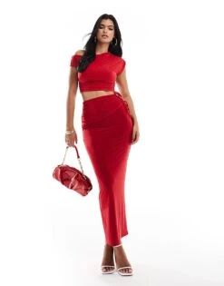 Kaiia Exclusive Slinky Ruched Off Shoulder Drawstring Top And Maxi Skirt Co-ord In Red
