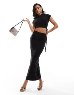Kaiia Exclusive Slinky Ruched Off Shoulder Drawstring Top And Maxi Skirt Co-ord In Black