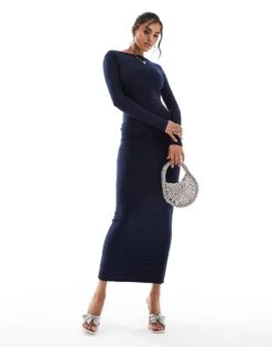 Kaiia Exclusive Slinky Low Back Long Sleeve Bodycon Maxi Dress In Navy For Women -Kaiia Online Shop 207154545 3