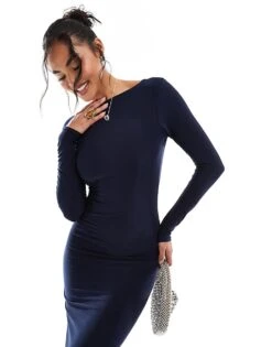 Kaiia Exclusive Slinky Low Back Long Sleeve Bodycon Maxi Dress In Navy For Women -Kaiia Online Shop 207154545 4
