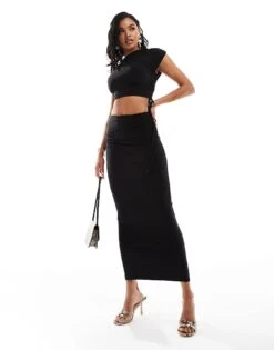 Kaiia Exclusive Slinky Ruched Off Shoulder Drawstring Top And Maxi Skirt Co-ord In Black -Kaiia Online Shop 207154633 1 black