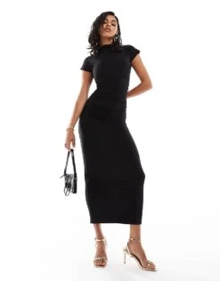 Kaiia Exclusive Slinky High Neck Cap Sleeve Bodycon Maxi Dress In Black For Women -Kaiia Online Shop 207154663 1 black 1
