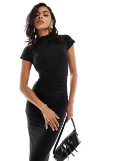 Kaiia Exclusive Slinky High Neck Cap Sleeve Bodycon Maxi Dress In Black For Women -Kaiia Online Shop 207154663 4