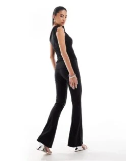 Kaiia Exclusive Slinky Ruched Side Folded Waist Flared Trousers Co-ord In Black For Women -Kaiia Online Shop 207154674 2