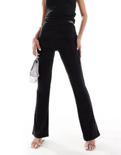 Kaiia Exclusive Slinky Ruched Side Folded Waist Flared Trousers Co-ord In Black For Women -Kaiia Online Shop 207154674 4