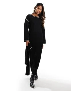 Kaiia Contrast Stitch Scarf Detail Maxi Jumper Dress In Black For Women -Kaiia Online Shop 207163588 4
