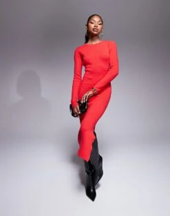 Kaiia Knitted Bodycon Midaxi Jumper Dress In Red For Women