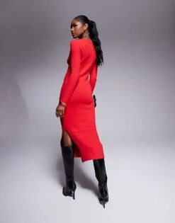 Kaiia Knitted Bodycon Midaxi Jumper Dress In Red For Women -Kaiia Online Shop 207163609 3