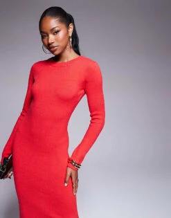 Kaiia Knitted Bodycon Midaxi Jumper Dress In Red For Women -Kaiia Online Shop 207163609 4